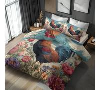 King Size Duvet Cover Sets Rooster Bedding - 3 Piece with 2 Pillowcases, Chicken Farm Animals Printed Design, for Bedroom Decor, Soft Brushed Microfiber, Zip Fastening - FD011