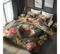 King Size Duvet Cover Sets Rooster Bedding - 3 Piece with 2 Pillowcases, Chicken Farm Animals Printed Design, for Bedroom Decor, Soft Brushed Microfiber, Zip Fastening - FD006