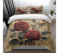 King Size Duvet Cover Sets Vintage Flower Red Kingsize Duvet Cover Sets Microfiber Bedding with Hidden Zipper Closure Washable King Size Bedding Includes 2 Pillow Cases 50x75cm