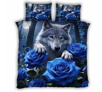 King Size Duvet Cover Wolf 220x230 cm Bedding Set with Zipper Closure 3D Blue Flowers 3 Pieces Soft Microfiber Duvet Cover with 2 Pillowcase 50x75（MXX 8-1）