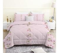 King Size Duvet, Pink Flowers Reversible Coverless Duvet King Size, Soft All Seasons Comforter Machine Washable Microfiber Quilt with 2 Pillowcases, 220x230 cm, Modern