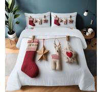 King Size Duvet, Red Down Comforter Set with 2 Shams, Holidays Christmas Stockings Reindeer Printed Reversible Coverless Duvet Bedding Set Soft Warm Bed Quilt All Seasons, Machine Washable