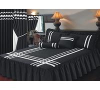 King Size Fitted Bedspread Glamour Black with Silver Trim/Ribbon, Frilled Quilted Bedspread & Pillow Shams, Extra Deep 22" Frill, Luxurious 200 Thread Count 100% Egyptian Cotton