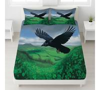 King Size Fitted Sheet - 150 x 200 cm Bedspread Fantasy Crow Four-Leaf Clover Hill Deep Pocket, Soft Microfibre, Wrinkle-Free, Easy Care, Fade & Shrink Resistant - Green Bedspread