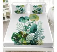 King Size Fitted Sheets 150x200 cm Watercolor Tropical Plants Soft Microfibre 3 Piece Bedding Sets Green Fitted Bed Sheets King Size 30cm Deep Fit, with 2 Pillowcases