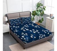 King Size Fitted Sheets - Simple Elegant Flower Bed Fitted Sheets 150 x 200 cm Extra Deep Pocket 30 cm, Soft Microfiber Easy Care Fade Resistant Breathable Navy Blue Bedding