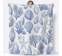 King size Flannel Fleece Throw Blankets Minimalist Shell Coral Soft Cozy Print Throw, Fluffy Fall Blanket Plush Home Decor for Couch Bed Sofa Living Room Bedroom, Light Blue