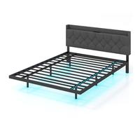 King Size Floating Bed Frame LED Lights Modern Platform Bed w/ Headboard & Charging Station