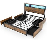 King Size Metal Bed Frame with LED Lights Charging Station & 4 Drawers Gymax Brown King