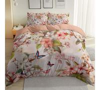 King Size Microfiber Duvet Cover Double with 2 Pillowcases,Vintage Floral Botanical Insect soft Hypoallergenic Duvet Cover-With Zipper Closure Comfy Breathable Pink Bedding Sets
