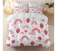 King Size Printed Duvet Cover Sets with 2 Pillowcases - Soft White Brushed Microfiber Quilt Cover, Cartoon Strawberry Heart Clouds Reversible Pattern Bedding for Comfort Sleep