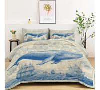King Size Printed Duvet, Vintage Blue Whale Boat Map Pattern Washable Quilt 3 Piece with 2 Pillowcases 50 x 75 cm, Light Brown Reversible Warm and Anti Allergy All Season Coverless Duvet 220 x 240 cm