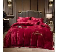 King Size Purple Covers with Fitted Duvet Bedding Set Winter Double Quilt Cover Sets Flat Sheet Soft Warm (Red Queen)