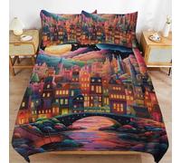 King Size Town Printed Duvet Cover Set Bedding Set 3 pcs Soft Microfiber Fairy Tale Duvet Cover with 2 Pillowcases and Zipper Closure 230x220cm Machine Washable b.2750