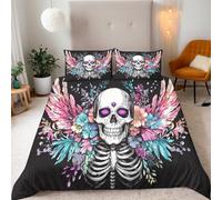 King Skull And Colorful Flowers Bedding Set Ultra-Soft Microfiber Duvet Cover Set 3Pcs - 230x220cm + 2 Pillowcases 50x75cm-Mysterious And Dreamy 3D Printed Design with Zip Closure & Corner Ties