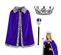 King Themed 3-Piece Decorative Costume Set, Detachable Crown, 80cm Blue Cape and 45cm Sceptre, Ornamental Outfit for Halloween, Carnival and Masquerade Event Displays