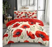 King Watercolor Poppies 230 x 220 cm Bedding Set with Zipper Closure, Red Duvet Cover Double Sided Reversible for Boys Girls Teens with Pillowcases