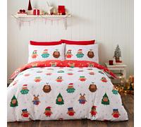 Catherine Lansfield Christmas Party Robins Reversible King Duvet Cover Set with Pillowcases, Grey