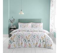 (King, White) Catherine Lansfield Emilia White Duvet Cover Set Reversible Floral Bedding Set