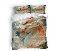 King White Chinese Mythical Dragon Bedding Set Ultra-Soft Microfiber Duvet Cover Set 3Pcs - 230x220cm + 2 Pillowcases 50x75cm - Animal 3D Printed Design with Zip Closure & Corner Ties