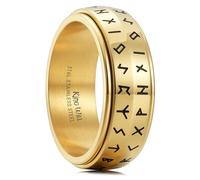 King Will 8mm Gold Stainless Steel Rings, Men's Wedding Rings Spinner Flat Cut Viking Runes Ring for Men Women Comfort Fit, Hypoallergenic, Durable, Z+1 (13)