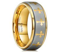 King Will 8mm Gold Tungsten Rings for Men Mens Two-Tone Christian Cross Bible Ring Male Religious Faith Wedding Band Brushed Finish Stepped Edge Comfort Fit Hypoallergenic Durable, Size 14