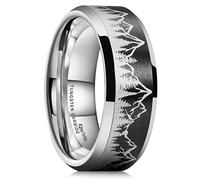 King Will 8mm Silver Black Mens Tungsten Wedding Ring Lasered Forest Landscap Pattern Mountains Trees Matte Finish Wedding Band Beveled Polished Edge 10