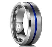 King Will 8mm Silver Mens Tungsten Carbide Ring Thin Blue Groove Wedding Band for Men Matte Brushed High Polish Comfort Fit Z+1(13)