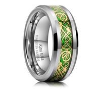 King Will 8mm Silver Tungsten Carbide Ring for Men, Green Opal Style Inlay with Gold Celtic Dragon Pattern, Polished Beveled Edges, Comfort Fit Wedding Band P 1/2 (8)