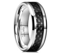 King Will 8mm Silver Tungsten Carbide Rings for Men Men's Wedding Band with Black Carbon Fiber Inlaid Beveled Edge High Polished Finish Gentleman Comfit Fit, Size S 1/2 (9.5)
