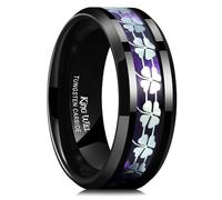King Will 8mm Tungsten Wedding Band for Men Black Ring Purple Shell Plated Four Leaf Clover Inlay High Polish Beveled Edge Engagement Rings Comfort Fit, size 10