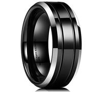 King Will Classic Men 8mm Black Tungsten Carbide Rings Polished Beveled Edge Double Groove Wedding Bands 9.5