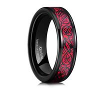 King Will DRAGON Men's Tungsten Ring 6mm Red Carbon Fiber Black Celtic Dragon Tungsten Carbide Ring Wedding Band 9