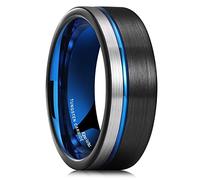 King Will Loop Black Mens Tungsten Ring Blue Groove Wedding Band for Men Women 8mm Thin Inner Blue Centre Groove Surface Black Silver Plating Comfort Fit 7
