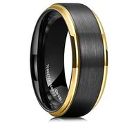 King Will Mens 8mm Black Tungsten Carbide Ring Matte Brushed Gold Plated Beveled Edge Wedding Band 10.5