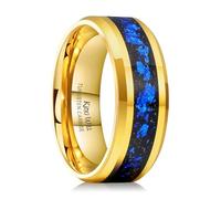 King Will Mens 8mm Gold Wedding Band Blue Foils Inlay High Polished Beveled Edge Tungsten Ring Anniversary Engagement Promise Rings Comfort Fit, Size 9