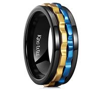 King Will Mens Blue Gold Gear Spinner Rings Stainless Steel Fidgets Two Color Gear Fidget Ring High Polish Anxiety Ring For Men Women Wedding Band 10.5