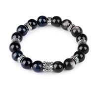King Will Men's Blue Tiger Eye & Obsidian Protection Bracelet, Mixed 12MM Natural Stone Healing Crystal Bead Bracelet with Cross Charm, Stress Relief Gift