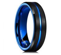 King Will Men's Wedding Band-6mm Black Brushed Finish Tungsten Carbide Men Wedding Ring Blue Thin Beveled Stepped Edge Wedding Band T 1/2 (10)