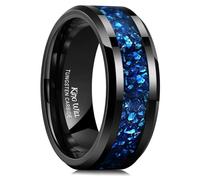 King Will Meteorite Tungsten Rings for Men 8mm Blue Opal Inlay Wedding Bands Black Plated Polished Beveled Edge Engagement Anniversary Comfort Fit U 1/2 (10.5)
