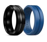 King Will Silicone Rings for Men 8mm Black Tungsten Wedding Band - Men's Wedding Ring Set - Rubber Wedding Bands, and Workout Rings for Men with Grooved Center Design - Available in Blue 11