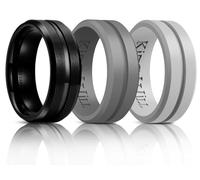 King Will Silicone Rings for Men 8mm Black Tungsten Wedding Band- Men's Wedding Ring Set - Rubber Wedding Bands Workout Rings for Men with Grooved Center Design - Available in Dark Gray Light Gray 12