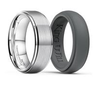 King Will Silicone Rings for Men 8mm Tungsten Wedding Band - Men's Wedding Ring Set - Rubber Wedding Bands, and Workout Rings for Men with Step Edge Design - Available in Dark Gray 8