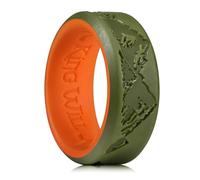 King Will Silicone Rings For Men, Olive Green & Orange Rubber Wedding Bands with Unique Mountain Peak Design, 8mm Wide 2.2mm Thick, Comfort Fit Size T 1/2 (10)