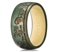 King Will Silicone Rings for Men Rubber Wedding Bands Lion and Deer Patterned Design Hypoallergenic for Gym Sports Comfort Fit, Dark Green&Yellow Size R 1/2 (9)
