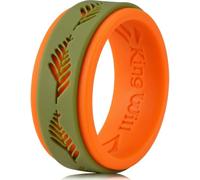 King Will Silicone Wedding Rings For Men, Black & Orange Rubber Wedding Bands with Laser Leaf Pattern, 8mm Wide 2.3mm Thick, Comfort Fit Size P 1/2 (8)