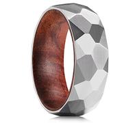 King Will Silver Hammered Domed Titanium Rings for Men Inner Hole Inlaid Wood Hammered 8mm Brushed Engagement Mens Wedding Band 12.5