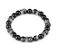 King Will Silver Sheen Obsidian 10MM Bead Bracelet for Men, Natural Volcanic Glass Shield & Protection Bracelet with Feather Spacers, Masculine Energy Jewelry