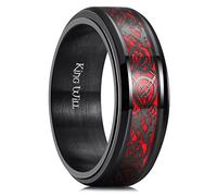 King Will Spinner 8mm Stainless Steel Ring Anxiety Relief Red Celtic Dragon Black Carbon Fibre Inlay Fidget Wedding Ring 9.5