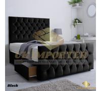 (King (without Drawer), Black Plush (with Mattress)) PLUSH DIVAN BED SET WITH MATTRESS 54" CHESTERFIELD HEADBOARD&FOOTBOARD ALL SIZES